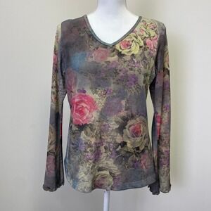 Y2K Xcit USA Floral V-Neck Bell Sleeve Top L Petite Phoebe Buffay 90s BohoChic